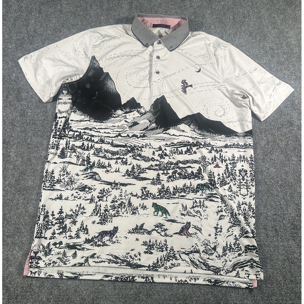 Greyson Wolf Mountain Landscape Golf Polo Mens Large White Black Stretch